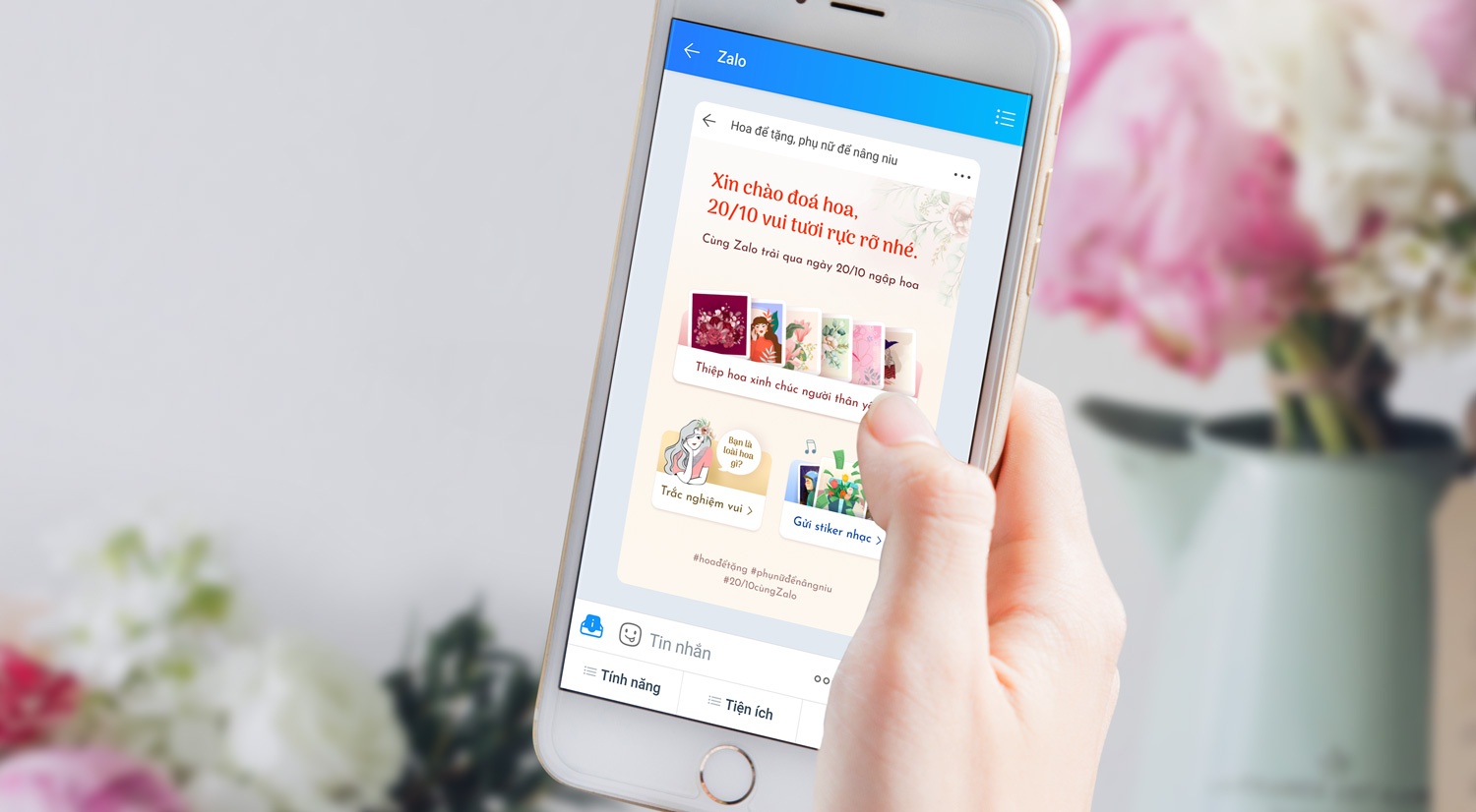 Nguoi dung Zalo gui thiep hoa kem sticker co nhac mung 20/10 hinh anh