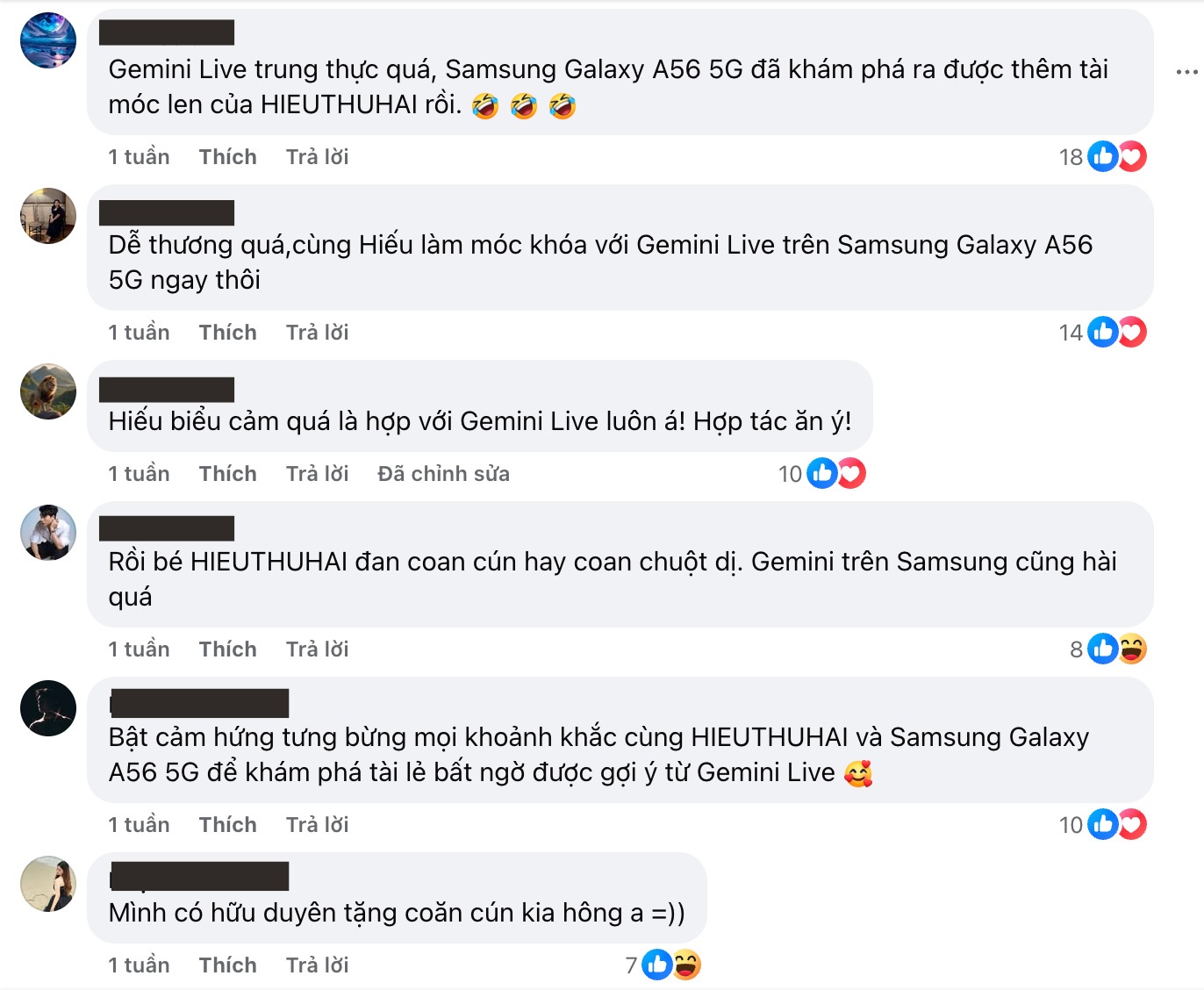 Nhiều bình luận tích cực được người dùng dành tặng HIEUTHUHAI và Gemini Live trên Galaxy A56 5G.