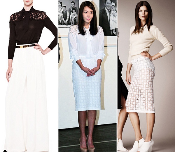Kim Jung Eun trẻ trung và thanh lịch trong chiếc áo cánh hiệu Carolina Herrera kết hợp váy ren trắng hiệu Burberry Prorsum và giày cao gót Christian Louboutin.
