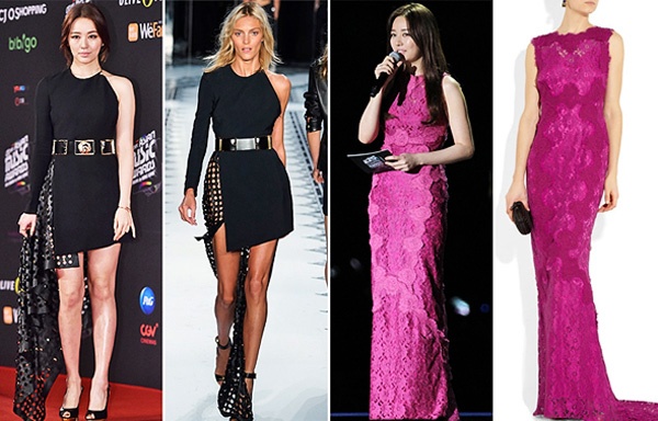 Bộ váy đen nằm trong bộ sưu tập xuân hè 2015 hiệu Versus Versace giúp Yoon Eun Hye khoe đôi chân thon dài. Chiếc đầm hồng duyên dáng hiệu Dolce & Gabbana cũng làm người đẹp trở nên rất duyên dáng.