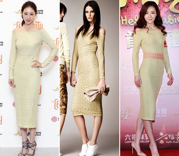 Lee Yeon Hee và Hùng Đại Lâm đều tự tin khoe dáng mượt mà trong chiếc đầm dáng bút chì hiệu Burberry Prorsum.