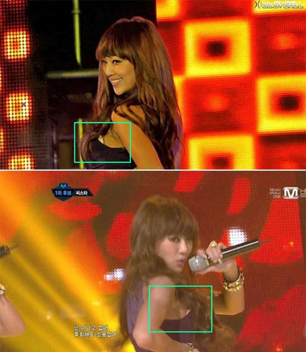 Tháng 2/2013, Hyorin của nhóm Sistar cũng gây nên một cuộc tranh cãi vì để lộ áo ngực trong lúc đang biểu diễn trên sân khấu M! Countdown.