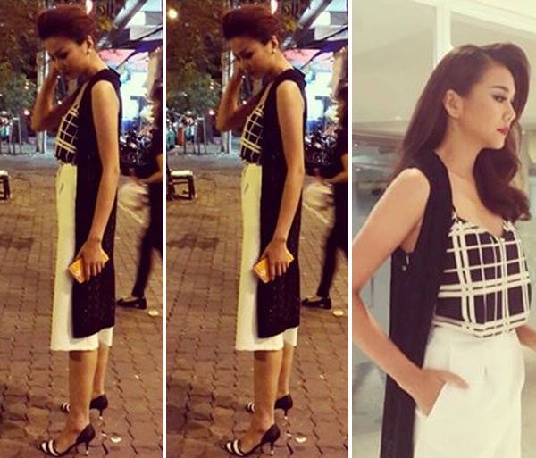 Thanh Hằng luôn chọn cách ăn mặc tối giản nhưng lại sang trọng và đẳng cấp. Chiếc quần culottes trắng, áo kẻ mix với gilet dáng dài khiến vóc dáng cô nhẹ nhàng và quyến rũ.