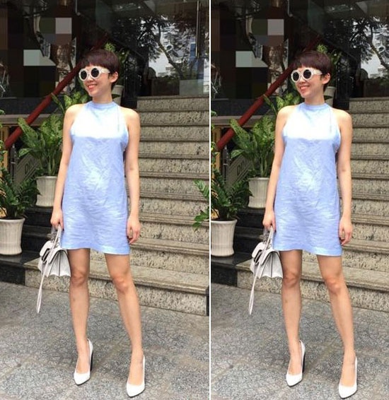 Váy dáng suông màu xanh khoét nách như Tóc Tiên dành cho cô nàng dáng người gầy. Nếu người mũm mĩm, bạn đừng chọn style này bởi sẽ lộ khuyết điểm to béo và lộ bờ vai thô.