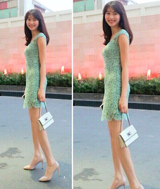 Màu xanh với các chất liệu như ren, lụa, tơ tằm, chiffon... đều mang nét đẹp riêng. Hoa hậu Thu Thảo diện váy ren kết hợp túi mini màu xanh và giày màu nude. Tổng thể set đồ sang trọng, khó có thể chê vào đâu được.