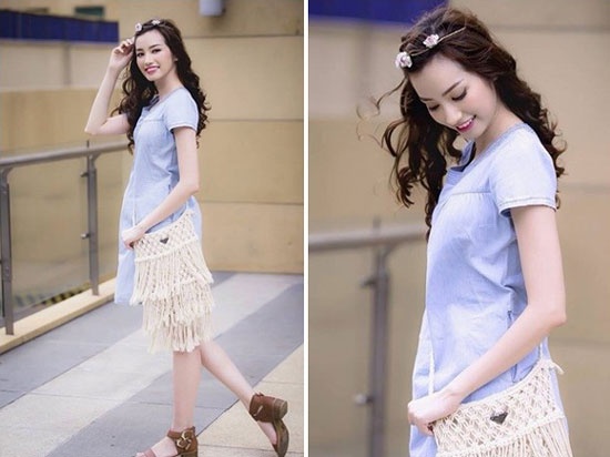 Màu xanh lilac (sự pha trộn giữa xanh nước biển và tím) giúp Trúc Diễm toát lên làn da trắng và vẻ xinh tươi.