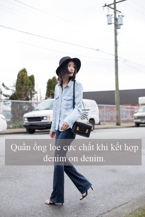 Denim on denim là cách kết hợp đem lại sự mạnh mẽ, khỏe khoắn và khi mix cùng quần ống loe đầy phóng khoáng thì đây là set đồ sành điệu hơn bao giờ hết.