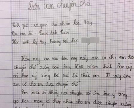 Hoc sinh lop 4 viet don xin chuyen cho vi thich ban hinh anh