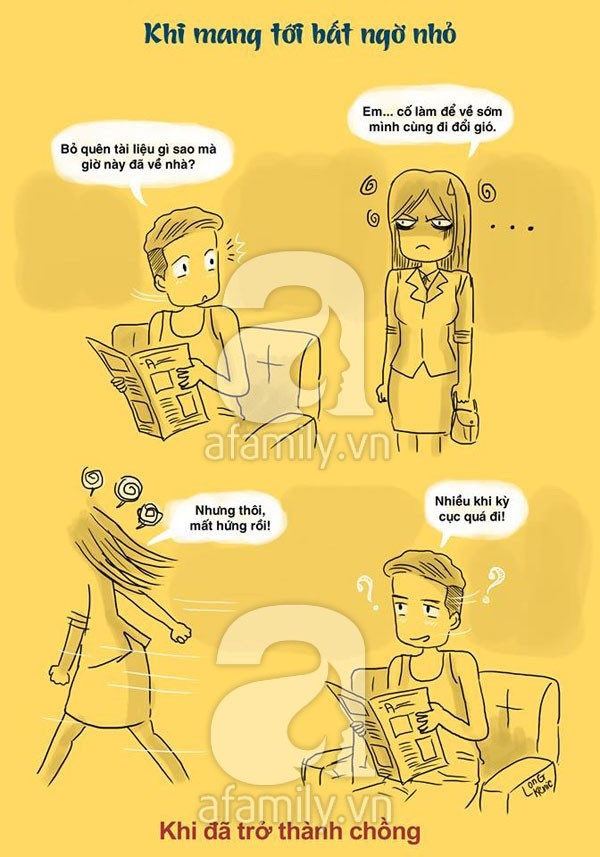 Khi còn là bạn trai, chàng luôn mang tới sự bất ngờ cho vợ. Nhưng khi là vợ chồng rồi, chồng chẳng còn lãng mạn nữa. Ngược lại, chồng khô cứng và vô tình với vợ.