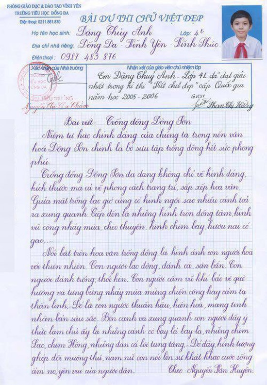 Đặng Thủy Anh nổi tiếng trên mạng với bài viết đạt giải chữ đẹp Quốc gia.