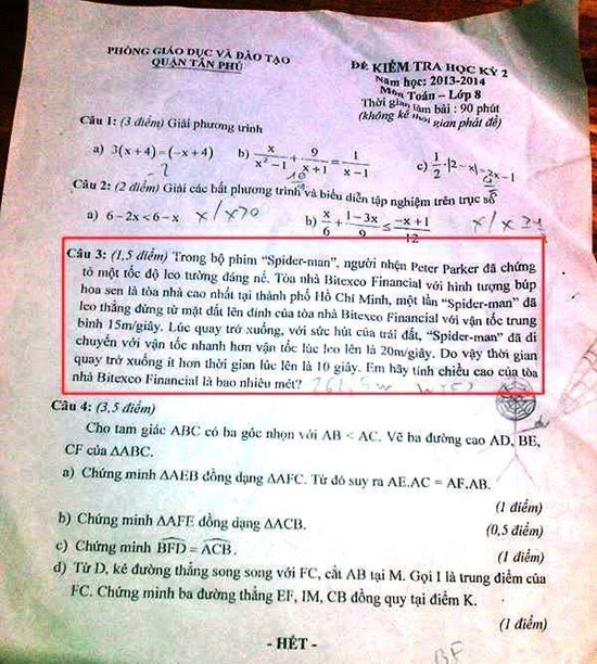 Đề thi Toán với câu chuyện về người nhện và chiều cao của tòa nhà Bitexco.