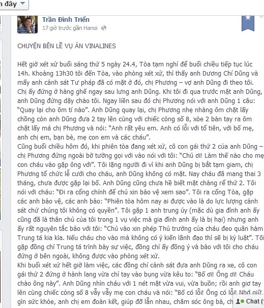 Chia sẻ về những giây phút cảm động bên lề vụ án Vinalines của Luật sư Trần Đình Chiển.