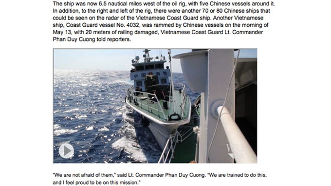 Hình ảnh tàu hải cảnh Trung Quốc đâm vào tàu VN, trong video phát trên báo điện tử Wall Street Journal.