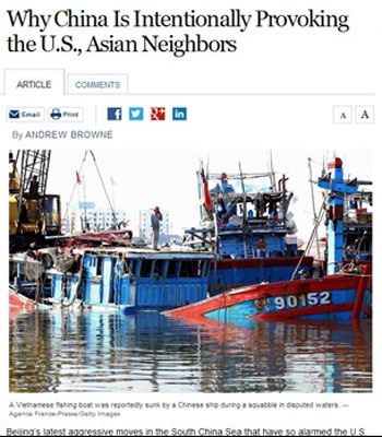 Bài báo trên tờ Wall Street Journal của Mỹ từng đặt câu hỏi “Vì sao Trung Quốc cố tình khiêu khích Mỹ và các nước châu Á láng giềng” với hình ảnh là tàu cá Việt Nam bị tàu Trung Quốc đâm chìm - Ảnh chụp lại từ màn hình. 