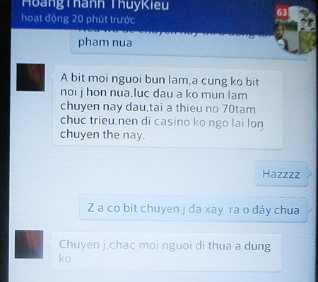 Đoạn tin nhắn của Thành thừa nhận đi đánh bạc.