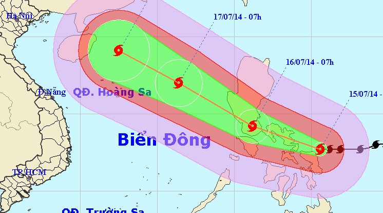 Dự báo đường đi cơn bão sáng 15/7. Ảnh: NCHMF.