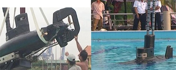 Tàu ngầm do ông Phan Bội Trân chế tạo đang thử nghiệm năm 2012 (ảnh 1) và thử nghiệm thành công tại Trường Trung cấp Kỹ thuật Hải Quân TP.HCM (ảnh 2.)