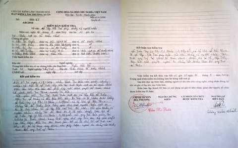 Biên bản thu giữ gỗ vô chủ.