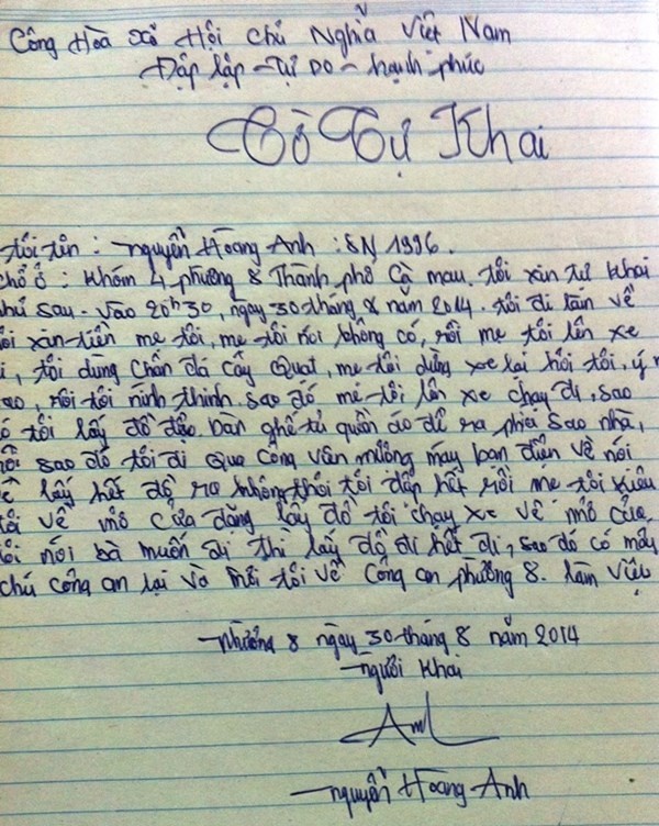 Bút tích của Hào Anh tại Công an phường 8 (TP Cà Mau).