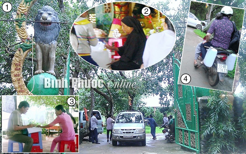 1. Xe chở người bệnh tứ phương tới chữa bệnh; 2. “Thánh mẫu” đang chữa bệnh; 3. Đăng ký trước khi vào khám bệnh; 4. Chở nước về nhà để chữa bệnh.