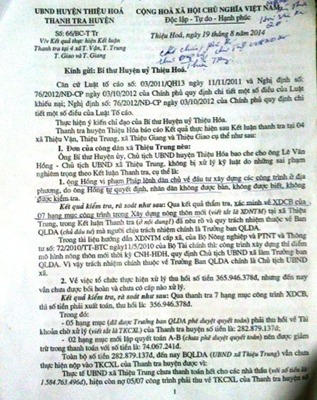 Kết luận của Thanh tra huyện Thiệu Hóa chỉ ra nhiều sai phạm trong xây dựng cơ bản ở xã Thiệu Trung.