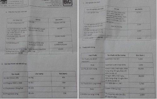 1 bảng báo giá các dịch vụ ở 1 bệnh viện.