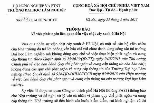 Cong an Ha Noi khong can thiep phat ngon cua DH Lam nghiep hinh anh