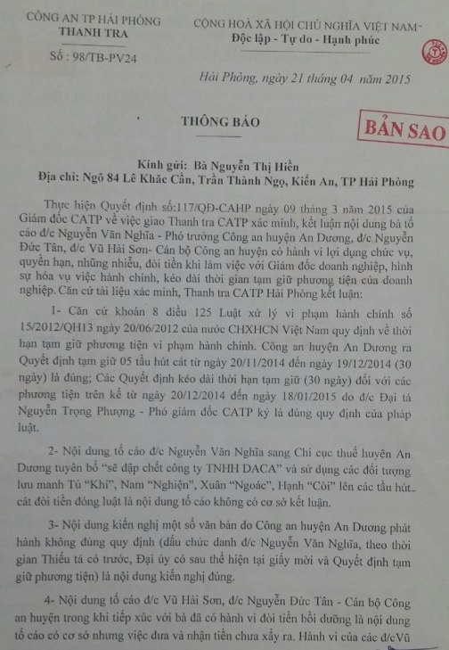 Văn bản Thanh tra Công an TP Hải Phòng gửi bà Nguyễn Thị Hiền.