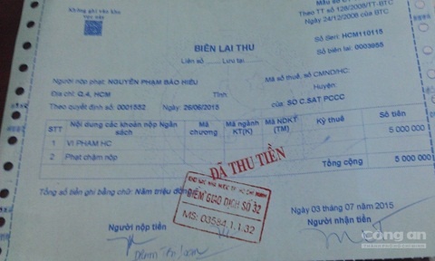 Hóa đơn nộp phạt của Hiếu.