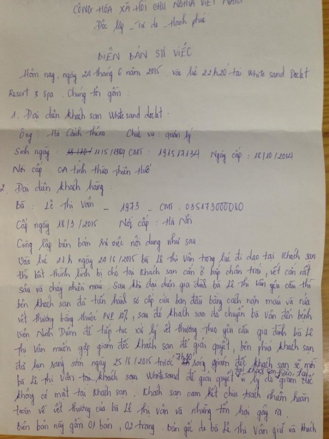 Biên bản sự việc được lập vào tối ngày 24/6.