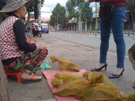 Người phụ nữ đang rao bán bao rắn lục cho khách trên đoạn đường Nguyễn Ái Quốc, phường Tân Biên, TP Biên Hòa.