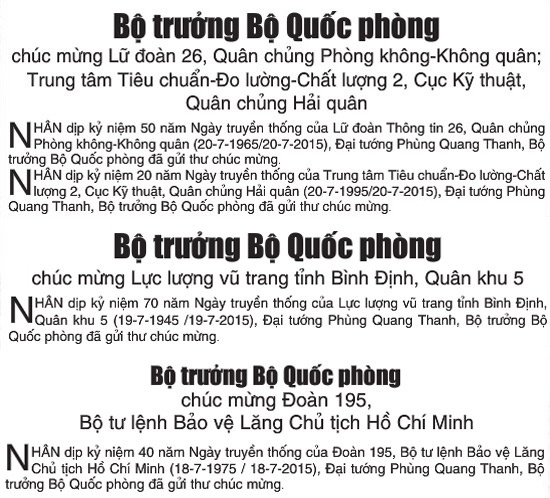 Tin Bộ trưởng Phùng Quang Thanh gửi thư chúc mừng các đơn vị trên báo Quân đội Nhân dân số ra ngày 18, 19 và 20/7.