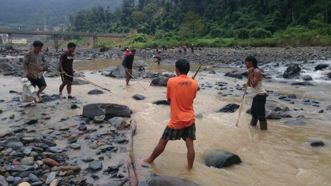Trên đoạn suối cạn dài 4km, cả ngàn người dân dùng kích điện kết hợp lưới để tận diệt cá. 