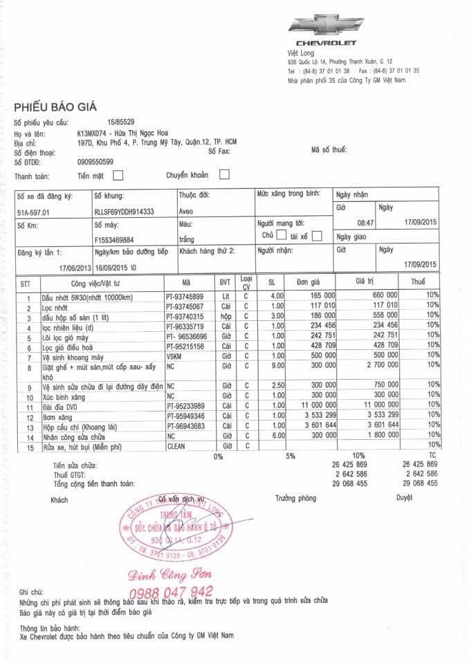 Phiếu báo giá sửa xe của các hộ dân trong chung cư.