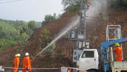 Phun nuoc ap luc cao rua duong day dien hinh anh