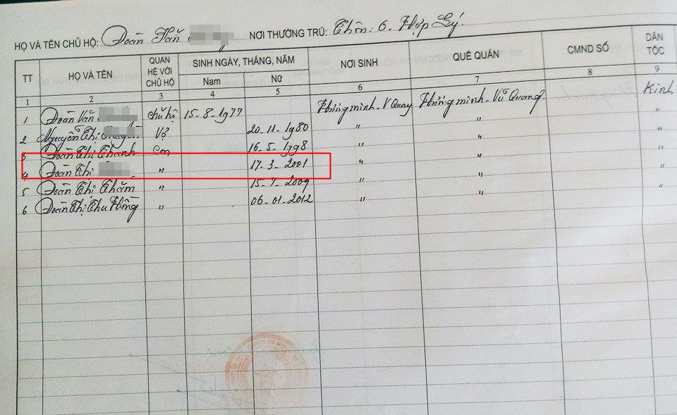 Số liệu tại xã Hương Minh thể hiện, cô dâu Đoàn thị Mỹ T. sinh năm 2001.