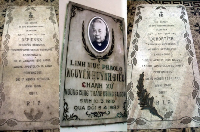 Những bia mộ bên trong nhà thờ Đức Bà.