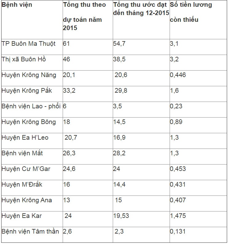 Tổng hợp thực hiện dự toán năm 2015 của 14 bệnh viện nợ lương (đơn vị tính: tỉ đồng, lấy tròn số). (Nguồn: Sở Y tế Đắk Lắk).