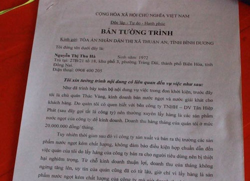 Bản tường trình sự việc của bà Hà.