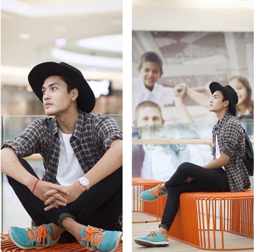 Quang Đại Next Top diện street style khá an toàn, bộ trang phục có gam màu trung tính được điểm xuyến bằng đôi giầy màu neon nổi bật. Nam người mẫu trẻ còn mix thêm chiếc mũ để tăng thêm tính thời trang cho mình.