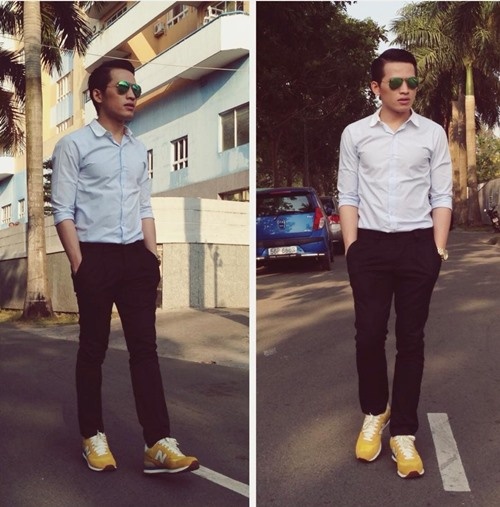 Ca sỹ Quốc Thiên lại hơi thiên về hình ảnh thanh lịch pha lẫn nét thể thao. Anh thường phối cả cây quần áo công sở với những đôi giầy thể thao để tạo sự năng động, thoải mái.