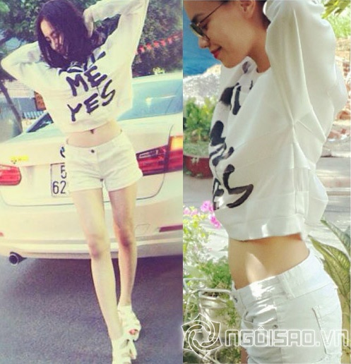 Angela Phương Trinh diện lại nguyên xi cây short trắng và áo crop top của Hà Hồ.