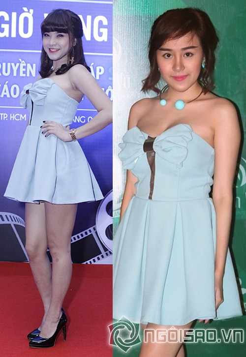 Hải Băng và Bà Tưng đều khoe được vòng 1 căng đầy với bộ váy quây màu xanh ngọc này