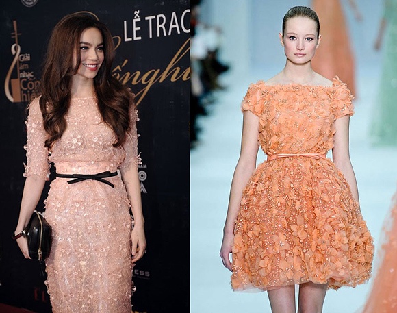 Chiếc váy mà Hồ Ngọc Hà mặc và mẫu thiết kế Elie Saab (phải)
