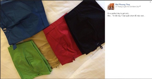 Hoa hậu Mai Phương Thúy khoe với bạn bè trên mạng xã hội bộ sưu tập quần soóc vải đủ mầu sắc mới may