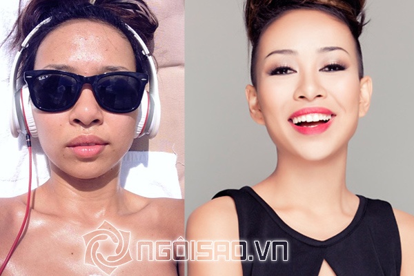 Mặt mộc của Thảo Trang khá sạm và trên trán nổi mụn sần sùi. Tuy nhiên, trong bức ảnh trang điểm, làn da của cô nàng khác hẳn.