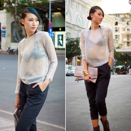 Áo ngực halter rất thời trang giúp Huyền Trang tự tin khoe phong cách trên phố.