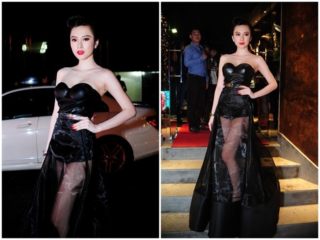 Sau sự cố đó, Phương Trinh tiếp tục hở hang với jumpsuit nhưng lại khéo léo ngụy trang với một lớp váy trong suốt.