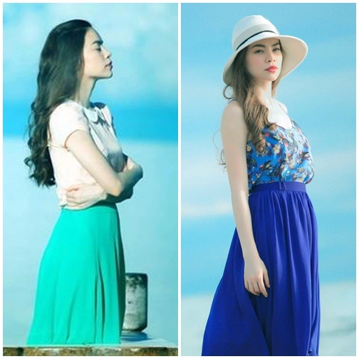 Hồ Ngọc Hà rất yêu màu xanh mỗi khi tạo dáng trước biển, khi thì là chân váy xếp li mang màu xanh dương của trời, khi lại là bộ bikini màu ngọc bích tựa màu nước biển.