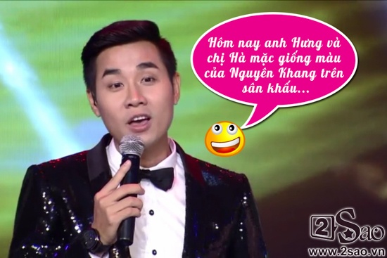 MC Nguyên Khang đã nhắc khéo đến trang phục cùng tone màu của mình và hai vị giám khảo Đàm Vĩnh Hưng, Hồ Ngọc Hà.